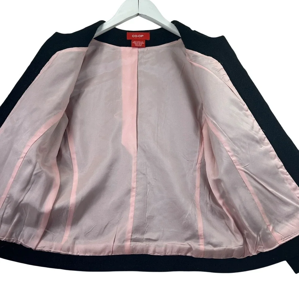 CO-OP Cropped Jacket Womens Tweed Textured Ribbon Trim Black Pink Chic Size M‎